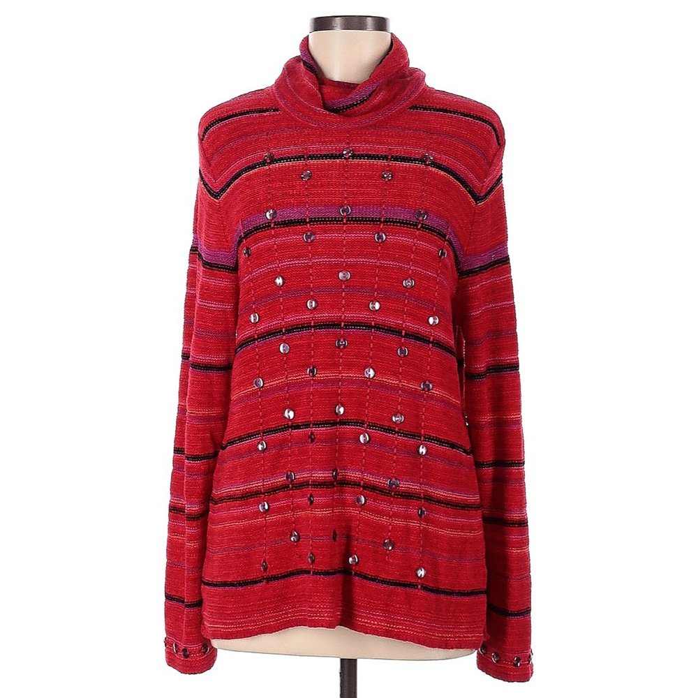 Sigrid Olsen Sport Pullover Sweater Red Beaded Striped Medium Turtleneck